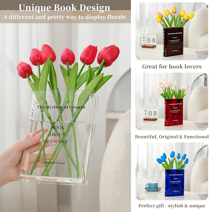 Puransen Bookend Vase for Flowers - Cute Bookshelf Decor; Unique Vase for Book Lovers, Artistic and Cultural Flavor Acrylic Vases for Home Office Decor, A Book About Flowers