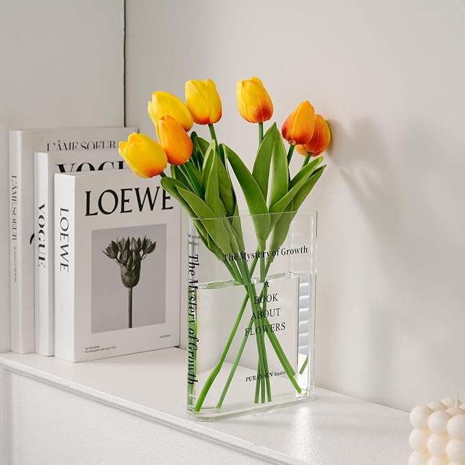 Puransen Bookend Vase for Flowers - Cute Bookshelf Decor; Unique Vase for Book Lovers, Artistic and Cultural Flavor Acrylic Vases for Home Office Decor, A Book About Flowers
